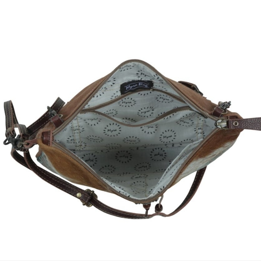 Myra Bag Brown Hair-on Cowhide and Turquoise Tooled Leather Shoulder Bag - Picture 9 of 11